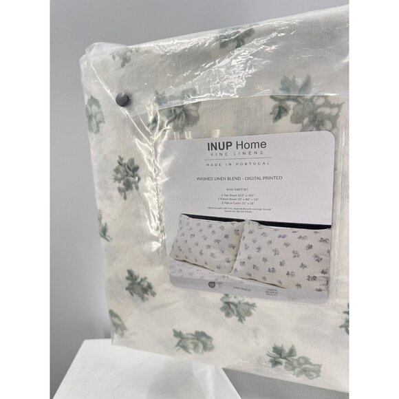INUP Home Fine Washed Linen Bland Sheet King Set with Digital Printed Flowers - Picture 4 of 5